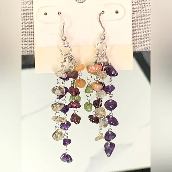 Pretty 925 Sterling Silver Multi Color Gemstone Dangling Earrings - Picture 9 of 12